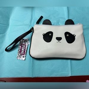 NWT adorable vegan leather panda purse with strap. Black and white.